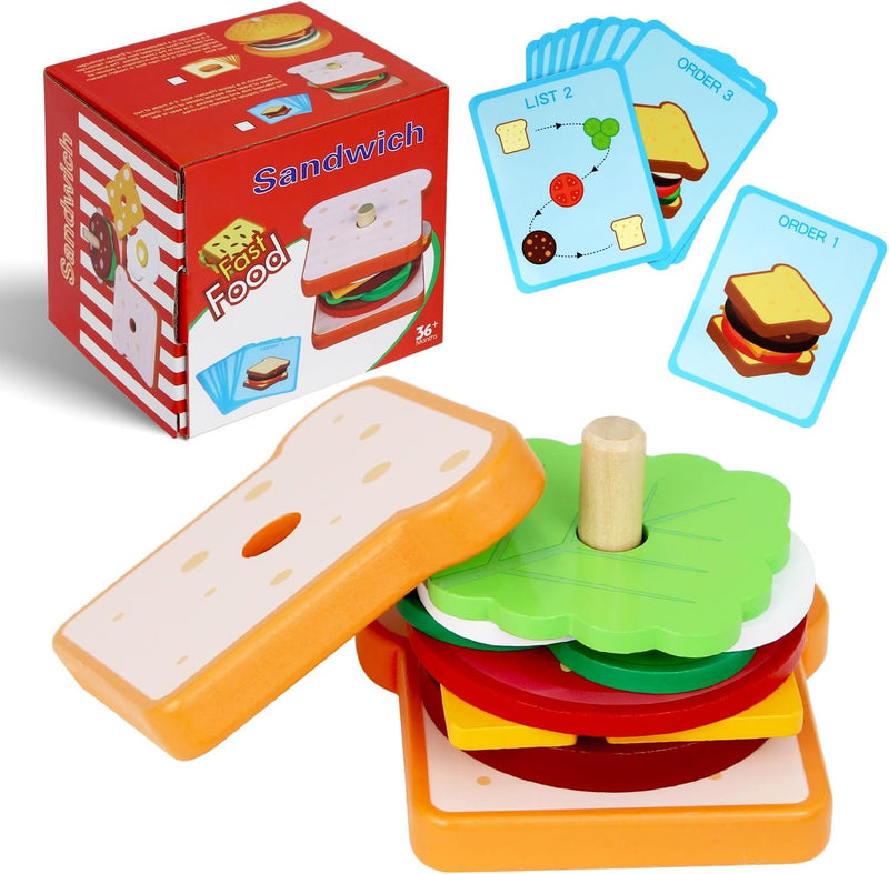 Brinquedo Educativo de Madeira Montessori – Sanduíche de Empilhar com Cartas de Comida para Crianças