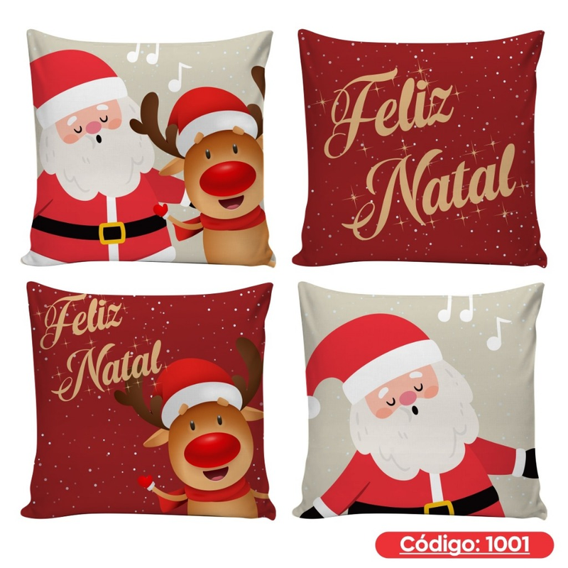 Kit 4 Capas de Almofadas Decorativas 45x45cm Feliz Natal