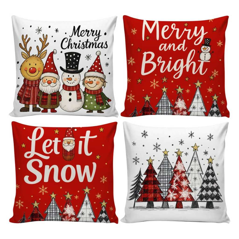 Kit 4 Capas de Almofadas Decorativas 45x45cm Feliz Natal